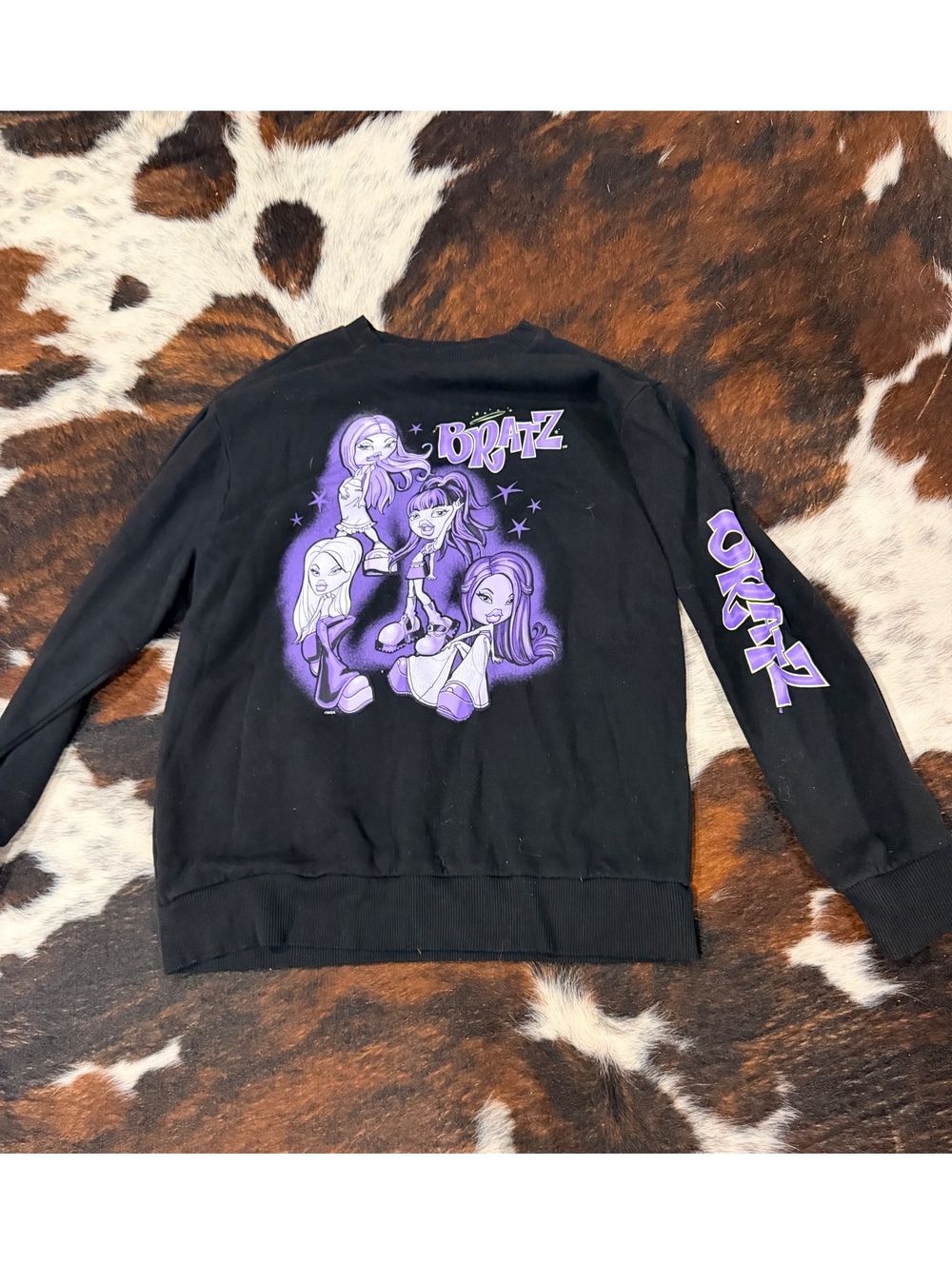 Y2K Bratz Black Crewneck Sweatshirt with Purple Graphic Print, Size Medium
